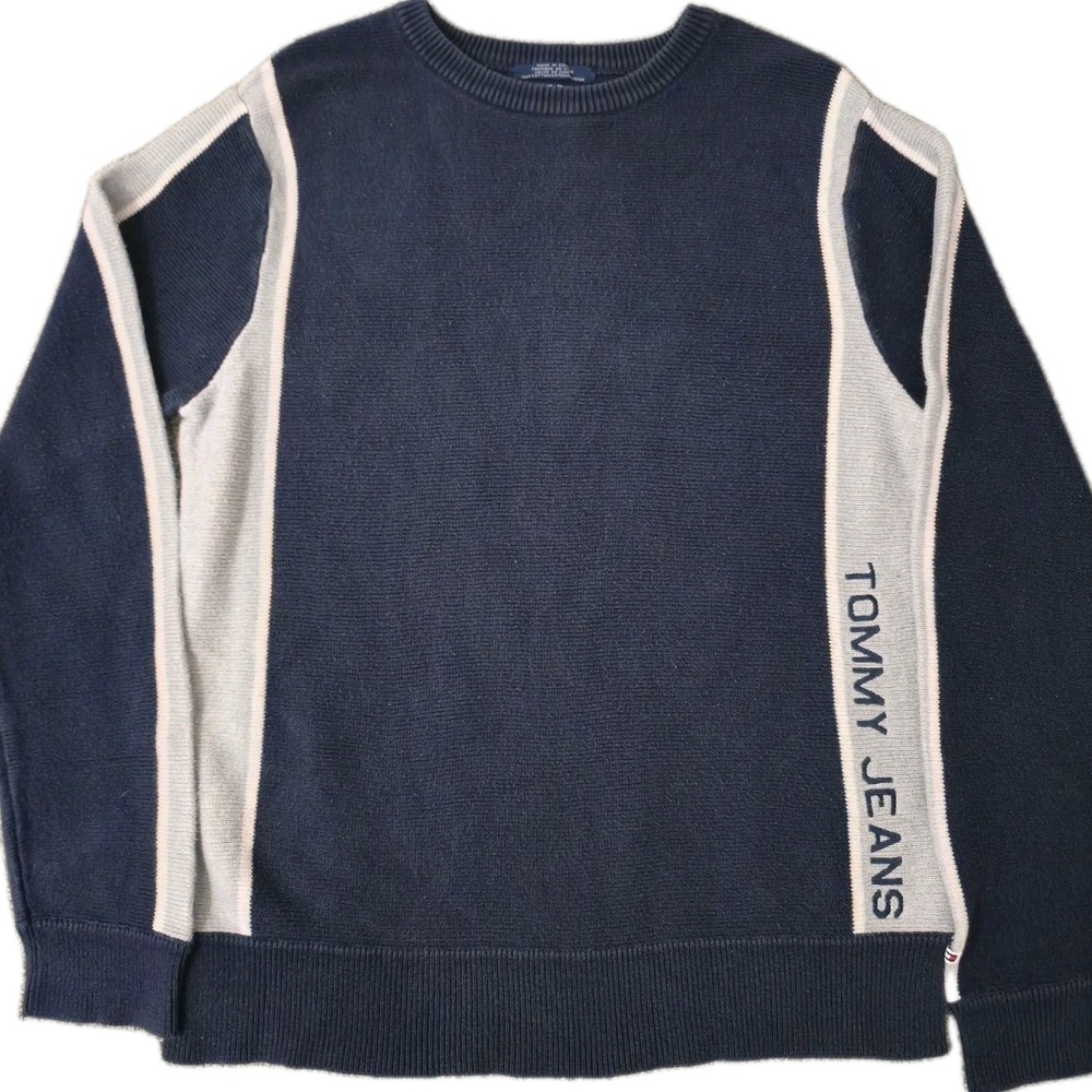 Vintage Tommy Jeans Sweater Men's Large Blue Spellout Long Sleeve Cotton